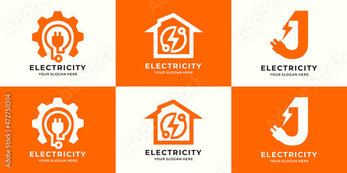 set of logo combination of bulb gear plug house electrical letter j