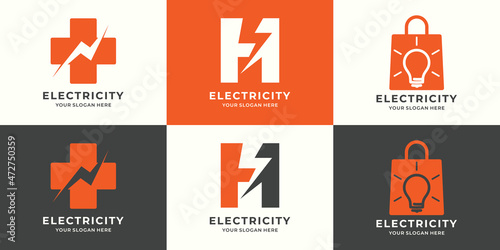 set of logo combination of cross health thunderbolt letter h electric bulb shop