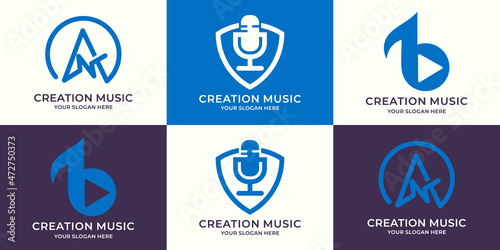set of logo combination of letter A music pulse shield podcast tone play button