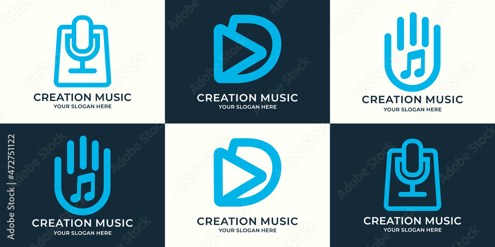 set of logo combination of bag podcast letter d play button hand music tone set of logo combination of bag podcast letter d play button hand music tone