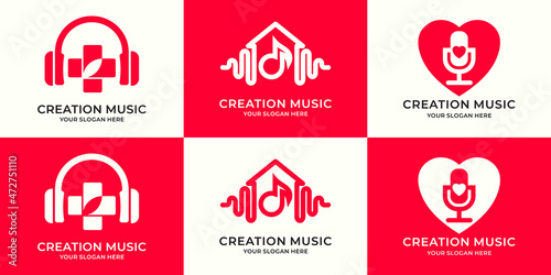 set of logo combination of headphone cross music tone house frequency podcast love