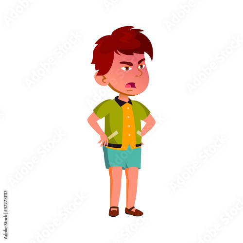 Angry Schoolboy Child Shouting At Friend Vector. Angry Asian School Boy Kid Screaming At Classmate In School Or Playground. Character Infant Aggression Emotion Flat Cartoon Illustration