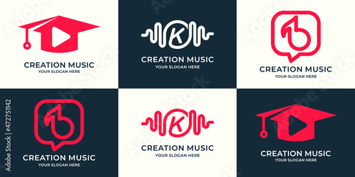 set of logo combination of graduation hat play button letter k music frequency chat tone