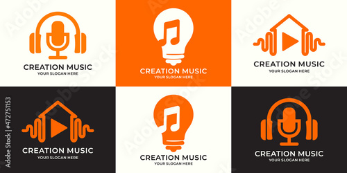 set of logo combination of podcast headphone bulb music tone play button house frequency