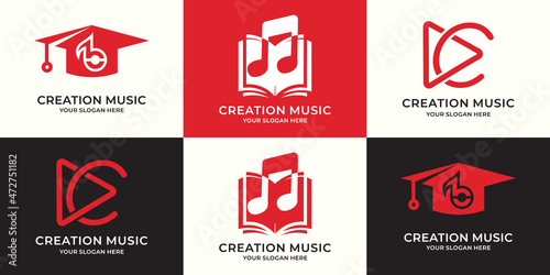 set of logo combination of graduation hat music tone book play button letter c