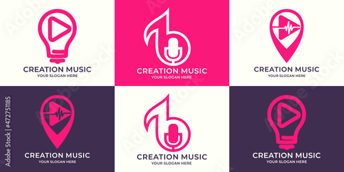 set of logo combination of play button bulb podcast music tone location pulse