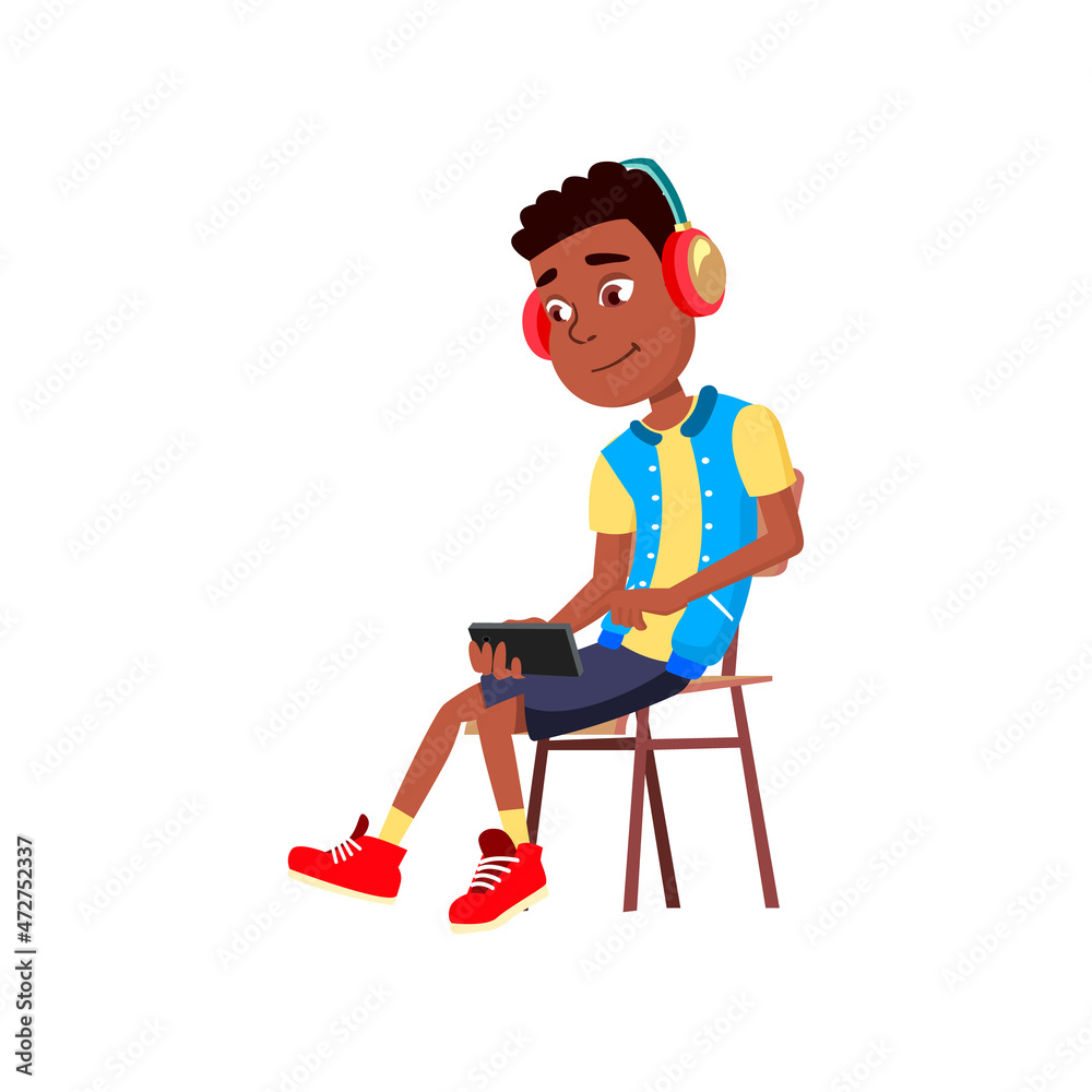 Schoolboy Watch Movie On Smartphone Screen Vector. African School Boy Sitting On Chair And Watching Video On Smartphone Display And Headphones. Character Entertainment Flat Cartoon Illustration