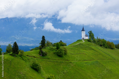 Europe, Slovenia, Jamnik. Church of St. Primus and St. Felician on mountaintop.