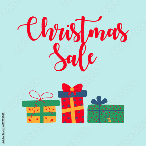 Christmas sale design template with gift boxes. Hand-drawn style. Vector illustration.