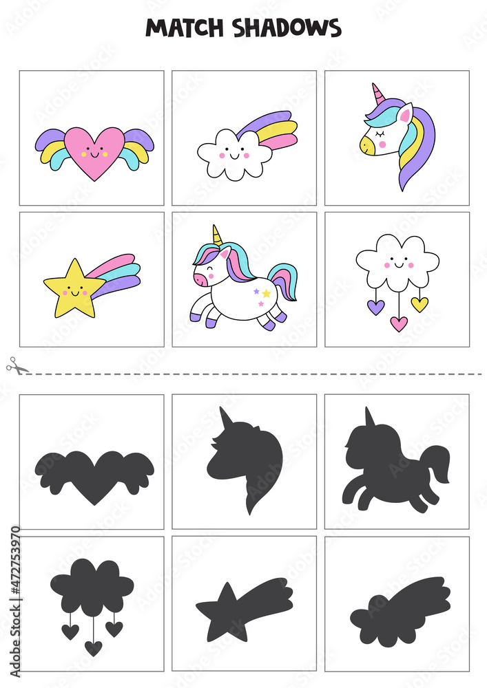 Find shadows of cute elements. Cards for kids.