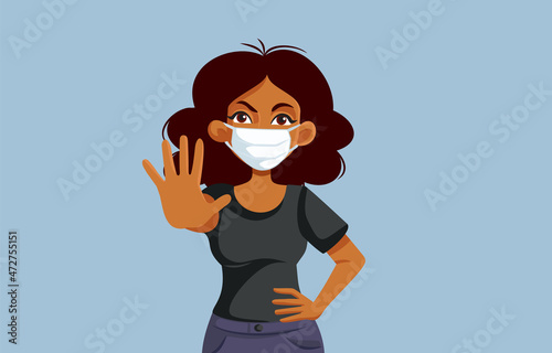 Woman Wearing a Mask Making Stop Hand Gesture Vector Illustration