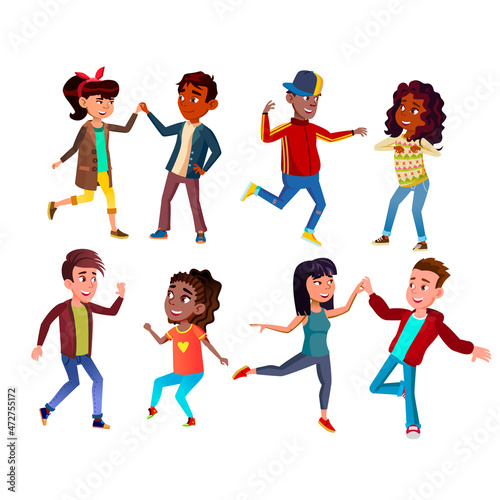 Boys And Girls Kids Couple Dancing Set Vector. Schoolboys And Schoolgirls Dancing Together. Characters Kids Enjoying And Dance Choreography Class In Dance Studio Flat Cartoon Illustrations