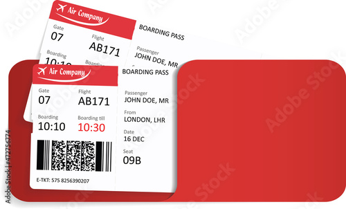 Set of two red boarding pass tickets over white background.