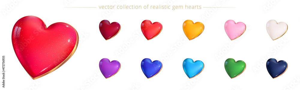 Vector set of luxury gem valentines. Detailed icons of beautiful hearts with a different colors. Collection of realistic 3D cabochons. Precious elements for wedding designs and romantic fashion Vector set of luxury gem valentines. Detailed icons of beautiful hearts with a different colors. Collection of realistic 3D cabochons. Precious elements for wedding designs and romantic fashion