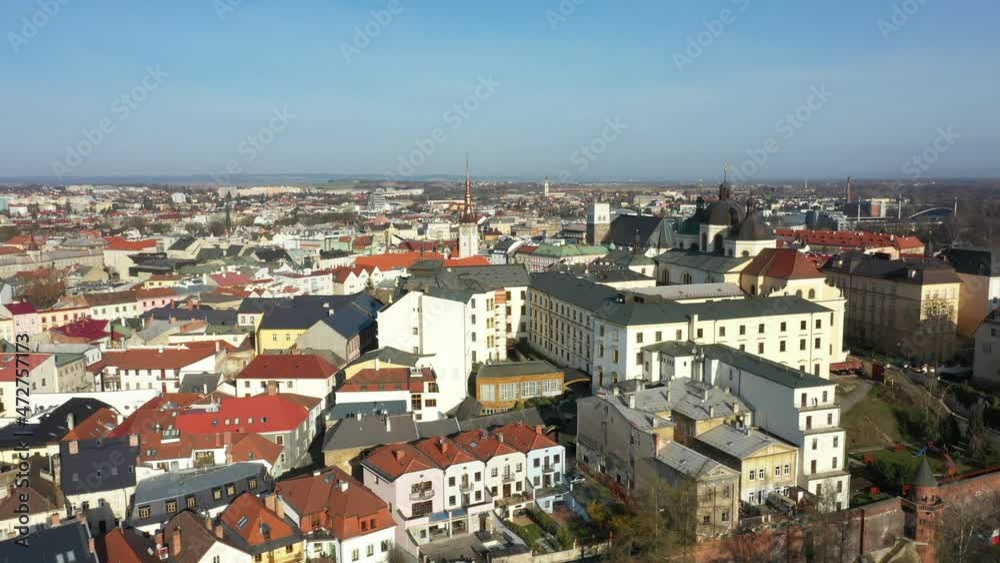 Historical aerial city Olomouc, drone aerial video shot view panorama from the tower of the Gothic church of St. Moritz, city town hall Olomouc Gothic building, baroque Church of St Michael