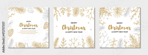 Set of Merry Christmas and happy New Year greeting cards with floral elements. Hand drawn vector illustration