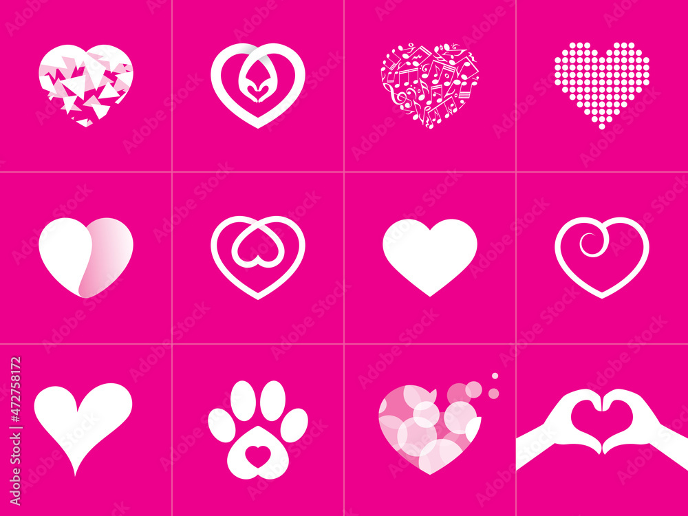 Vector set of pink design little hearts. On a pink background