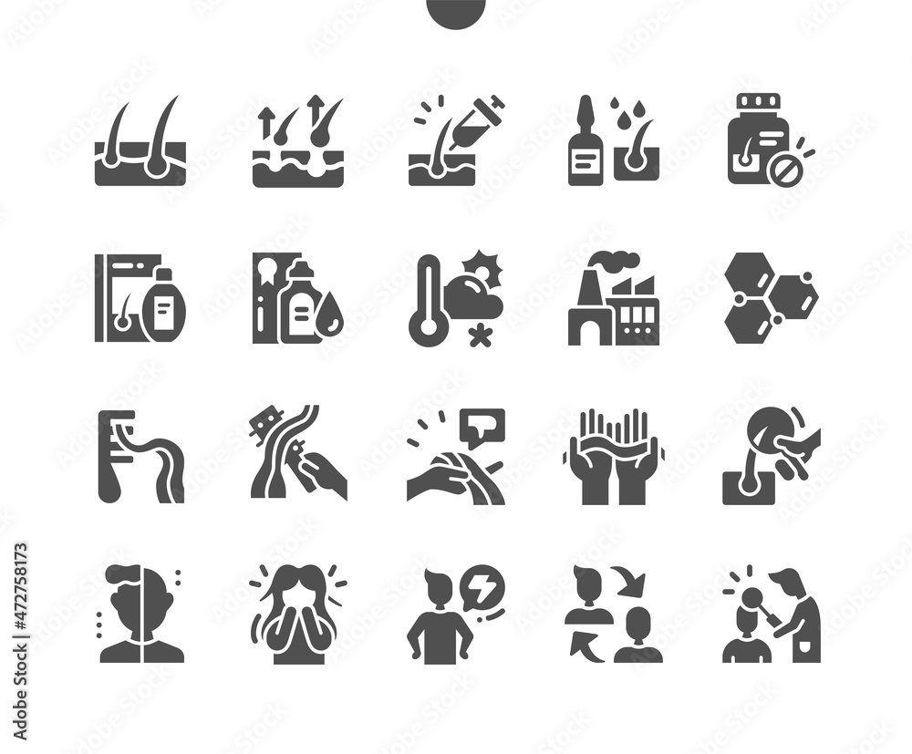 Hair Loss. Hormonal changes. Dermatolog. Vitamins and injection for hair. Health care, medical and medicine. Vector Solid Icons. Simple Pictogram Hair Loss. Hormonal changes. Dermatolog. Vitamins and injection for hair. Health care, medical and medicine. Vector Solid Icons. Simple Pictogram