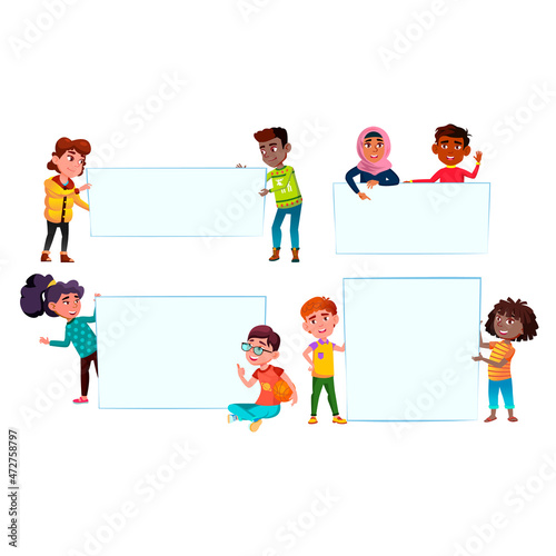school boy and girl with empty banner. empty blank. kid with placard. school child white poster. paper empty background. vector character flat cartoon Illustration