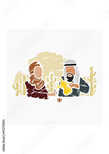 Editable Vector of Brush Strokes Style Arab Man Pouring Arabic Coffee From Dallah Pot into Finjan Cup for His Wife Illustration for Islamic Moments or Arabian Culture Cafe and Family Related Design
