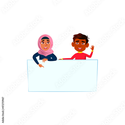 school boy and girl with empty banner. pupil with poster. empty blank vector character flat cartoon Illustration
