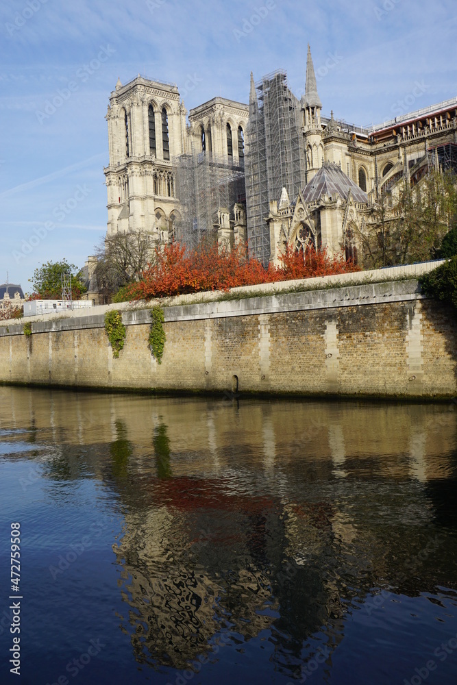 Fototapeta premium notre dame cathedral in repair reflecting in seine river in the fall