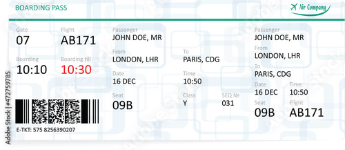 Vector template of a green airline boarding pass ticket.