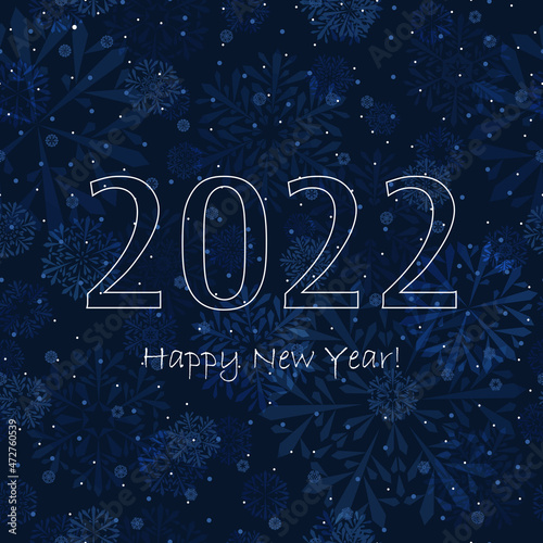 2022 happy new year. white text on blue winter repetitive background with snowflakes. vector illustration. festive template on seamless pattern for greeting card, banner, invitation