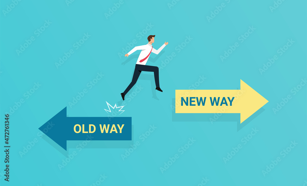 Businessman jump symbol with arrows pointing in the direction of the past and the future. A concept for adapting to change, improvement and development for the self or the business Businessman jump symbol with arrows pointing in the direction of the past and the future. A concept for adapting to change, improvement and development for the self or the business