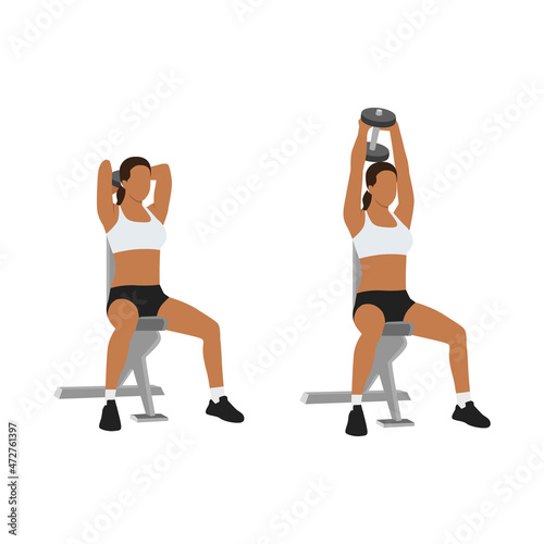 Fototapeta Naklejka Na Ścianę i Meble -  Woman doing Seated tricep press. overhead extensions exercise. Flat vector illustration isolated on white background