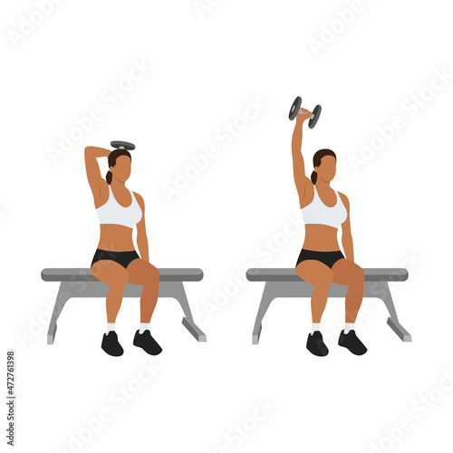 Woman doing Seated Single arm overhead dumbbell tricep extensions exercise. Flat vector illustration isolated on white background