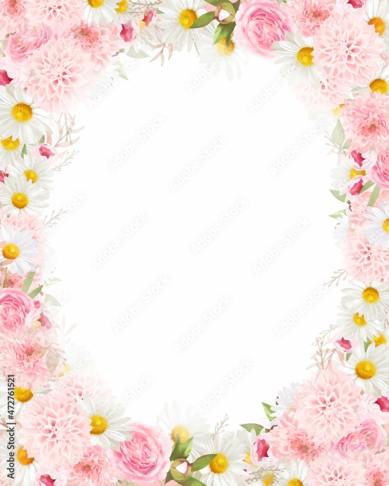 エレガントなピンク系のバラの花とデイジーに囲まれたおしゃれフレームベクターイラスト素材