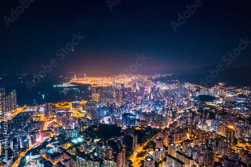 cyberpunk mood of the aerial night cityscape, Kowloon, Hong Kong