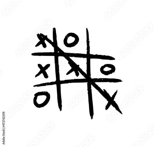 Hand drawn tic tac toe game. X-O children game. Win in tictactoe. Vector illustration in doodle style on white background.