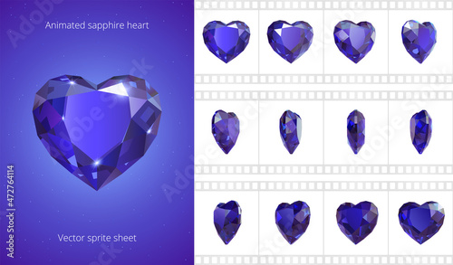 Rotating sapphire heart. Vector sprite sheet. Looped animation of dark blue crystal Valentine. 12 frames per second. Refined sequence for GIF, flash and HTML animation. Set of jewels. Isolated clipart