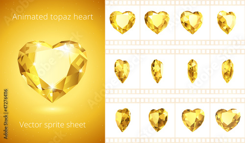 Rotating topaz heart. Golden crystal Valentine. Vector sprite sheet for GIF animation. Looped sequence, 12 frames per second. Set of realistic yellow jewels. Isolated clipart photo