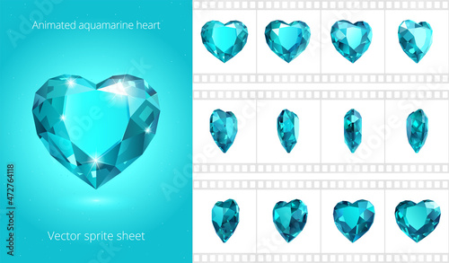 Rotating aquamarine heart. Looped animation of cyan crystal Valentine. Vector sprite sheet. 12 frames per second. Refined sequence for GIF, flash and HTML animation. Set of gems. Isolated clipart