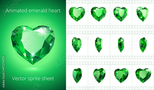 Rotating emerald heart. Green crystal Valentine. Vector sprite sheet for GIF animation. Looped sequence, 12 frames per second. Set of realistic jewels. Isolated clipart