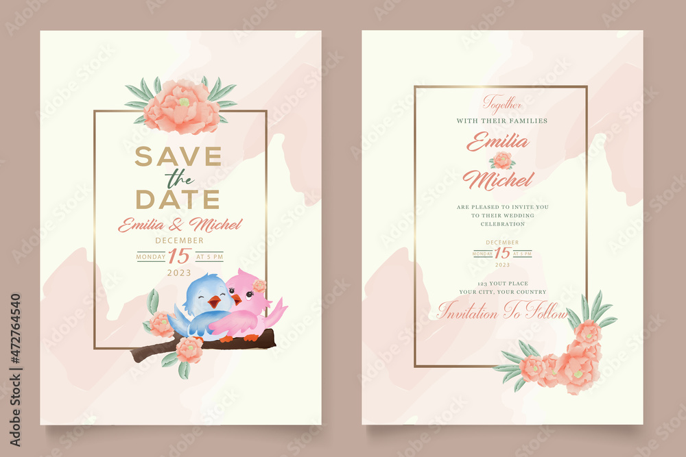 Elegant Wedding invitation
card with orange flower with birds template
Elegant Wedding invitation
card with orange flower with birds template