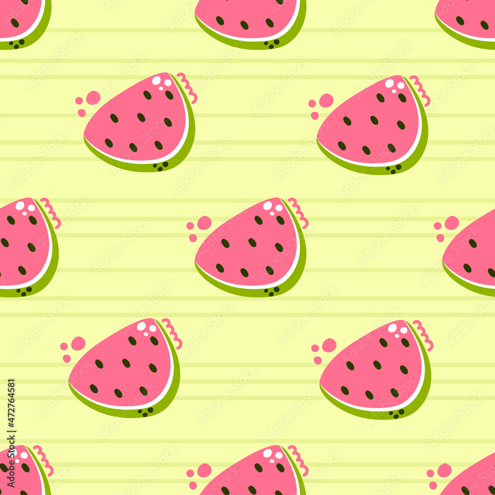 Cute hand drawn seamless pattern of watermelon slice on the striped background. Modern flat illustration. Cute hand drawn seamless pattern of watermelon slice on the striped background. Modern flat illustration.