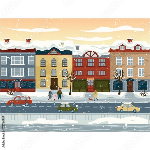 Winter city street vector Christmas flat scene