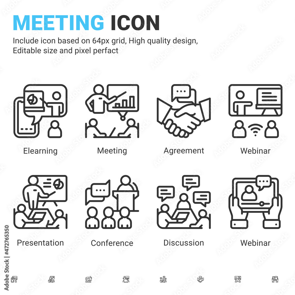 Vector outline icons about meeting with outline style isolated on white