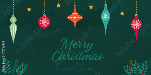 Fondo ilustrado de navidad con esferas y ramas de árbol.