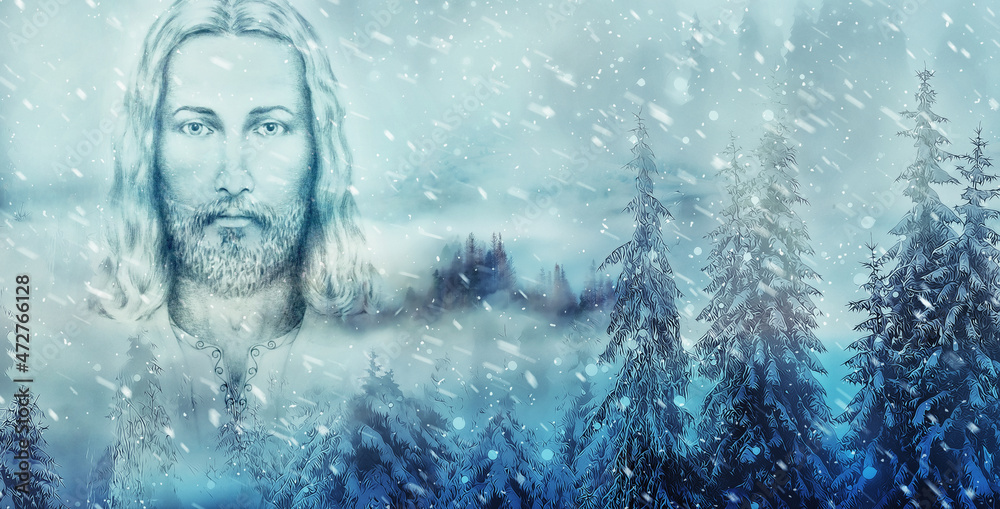 Art of Jesus and beautiful snowy landscape.