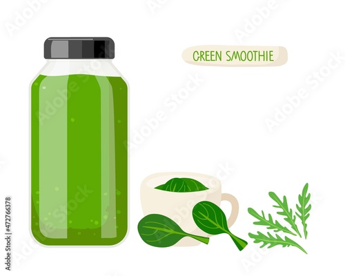 Green smoothie. Glass smoothie bottle with green liquid and ingredients. Vegetable Greens, spinach, arugula isolated on white. For menu, banner for healthy eating. Fresh energetic detox drink.