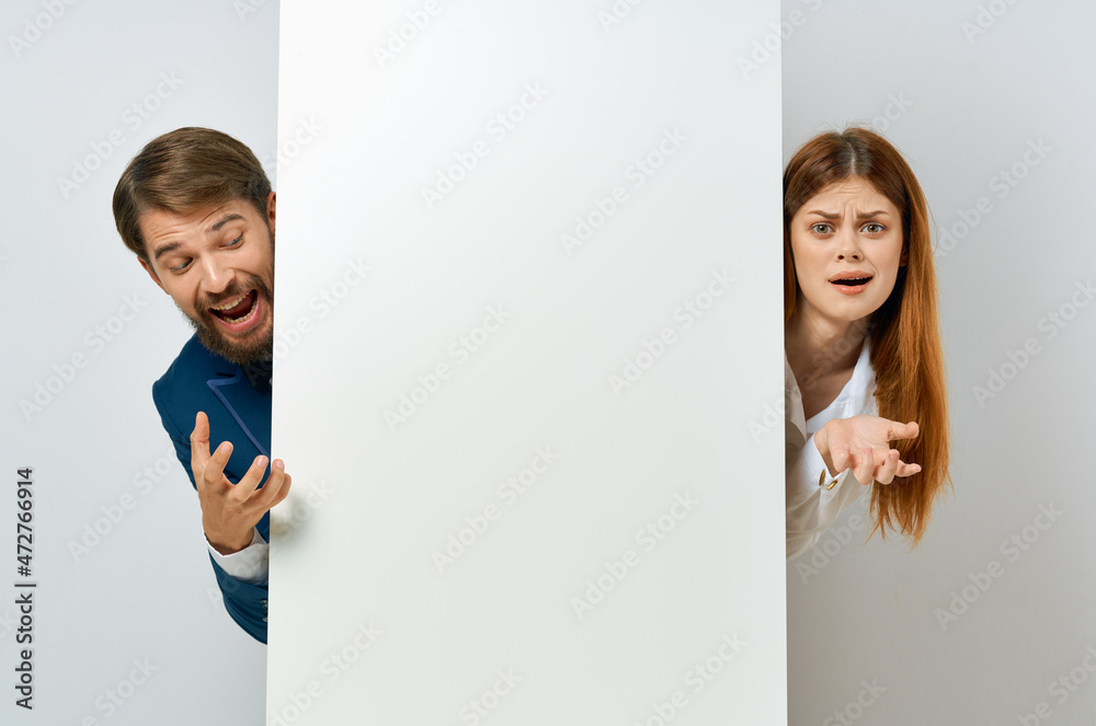 business man and woman billboard marketing fun emotions copy-space studio