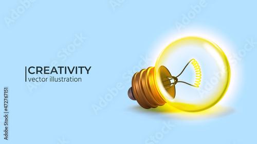 Concept creative idea and innovation with glowing light bulb on light blue background. Minimal concept idea. Realistic 3d design vector illustration