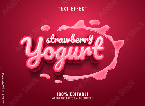 3d realistic strawberry yogurt with milk splash label text effect