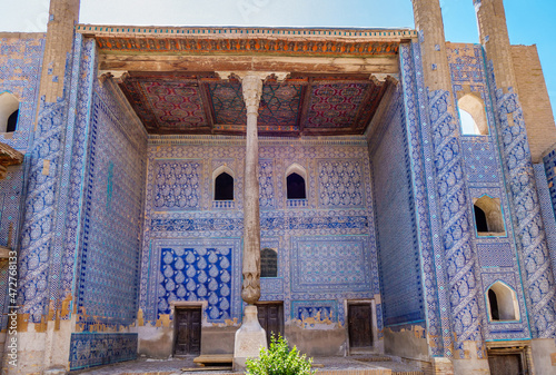 Iwan in Arzkhana (courtroom) in Tash Hauli palace, Khiva, Uzbekistan. Decorated with classic Khorezm blue and white patterns. Building was erected in the 30s of XIX century. photo