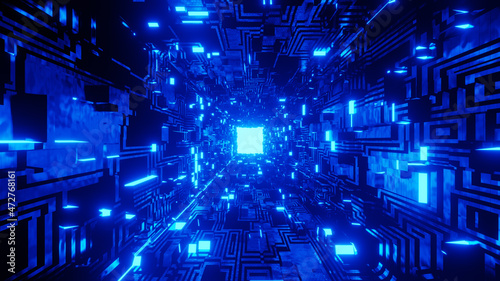 Blue Spaceship Interior 4K Glowing Room. Scientific Interior Backdrop. Futuristic Technology Abstract Background. 3D Rendered © DETHAL